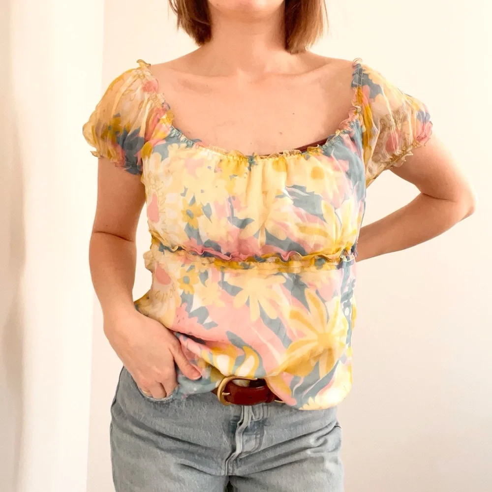 Vintage Silk Floral Off the Shoulder Top